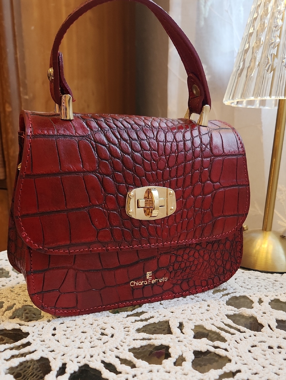 Red Leather Croc-Embossed Top-Handle Bag By Chiara Ferretti- Made In Italy- NWOT